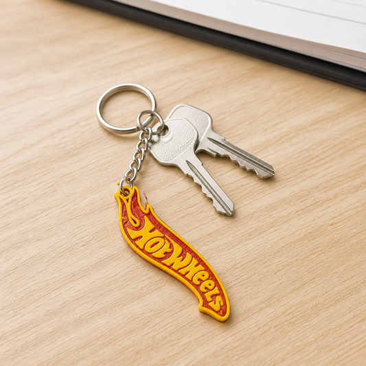 Red and yellow racing flame keychain attached to house keys
