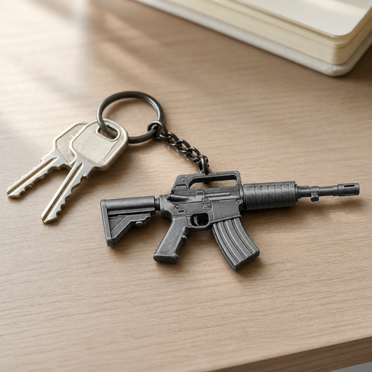 Black tactical rifle miniature keychain attached to house keys on a desk