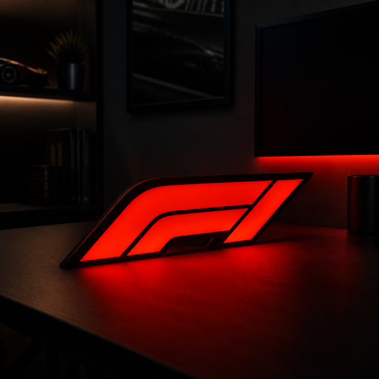 Red F1 racing lightbox lamp displayed on a modern desk