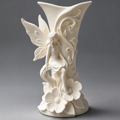Close-up of sculpted fairy and floral details on an ivory vase