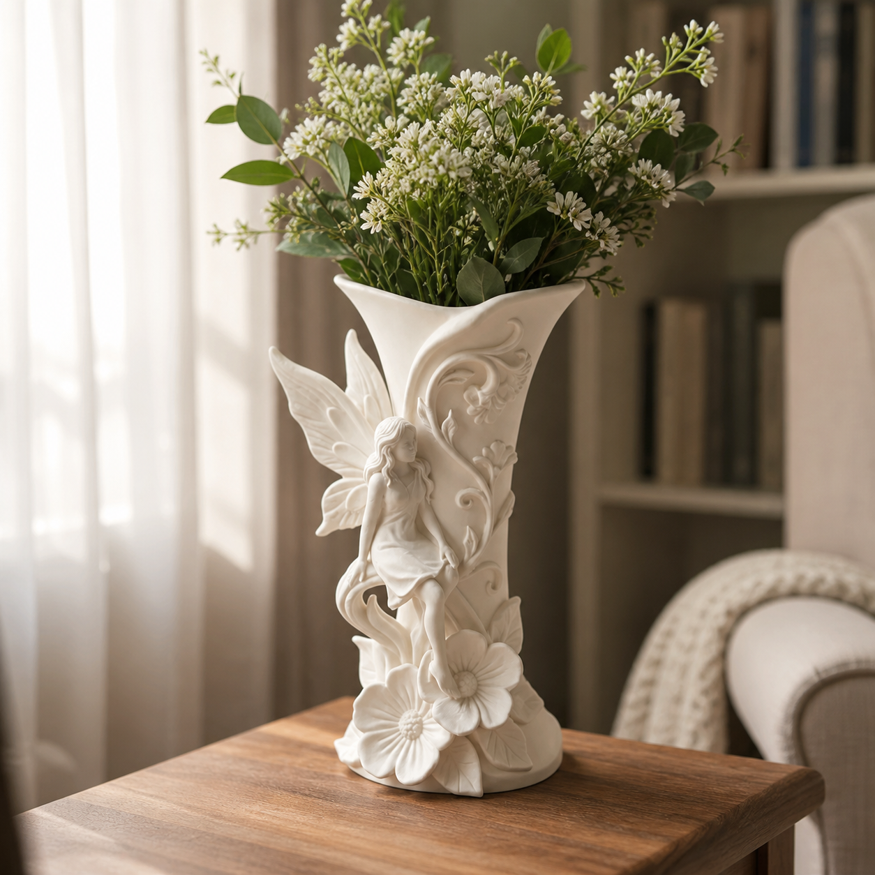 Ivory fairy floral vase displayed with fresh flowers