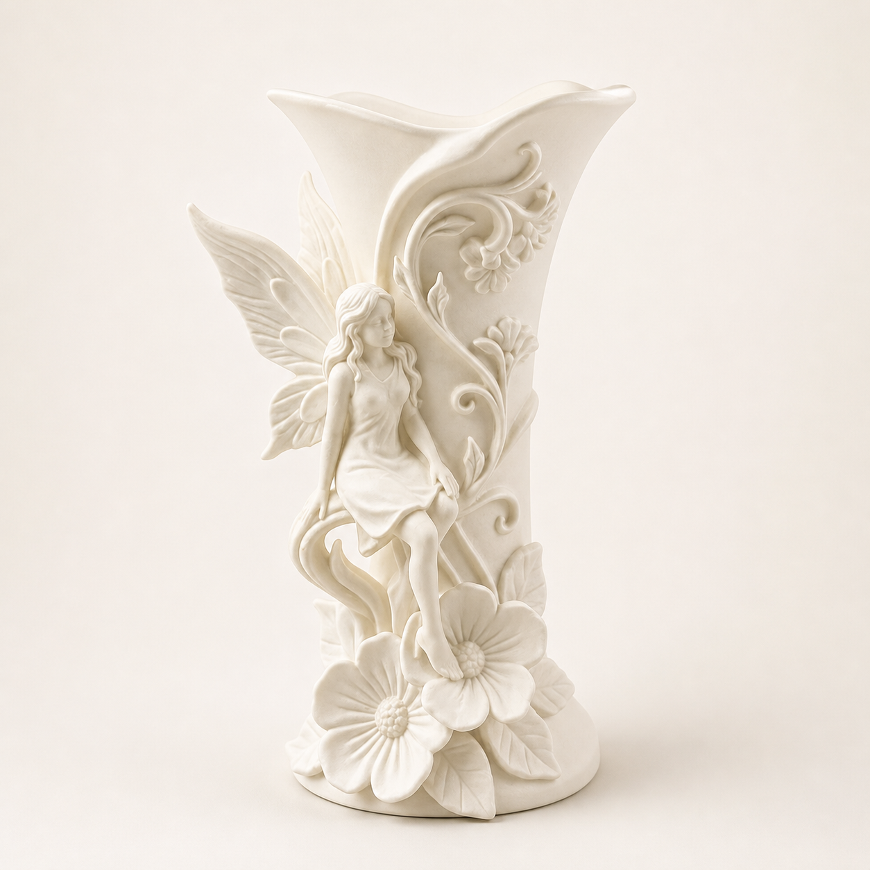 Ivory fairy floral vase on a warm white studio background