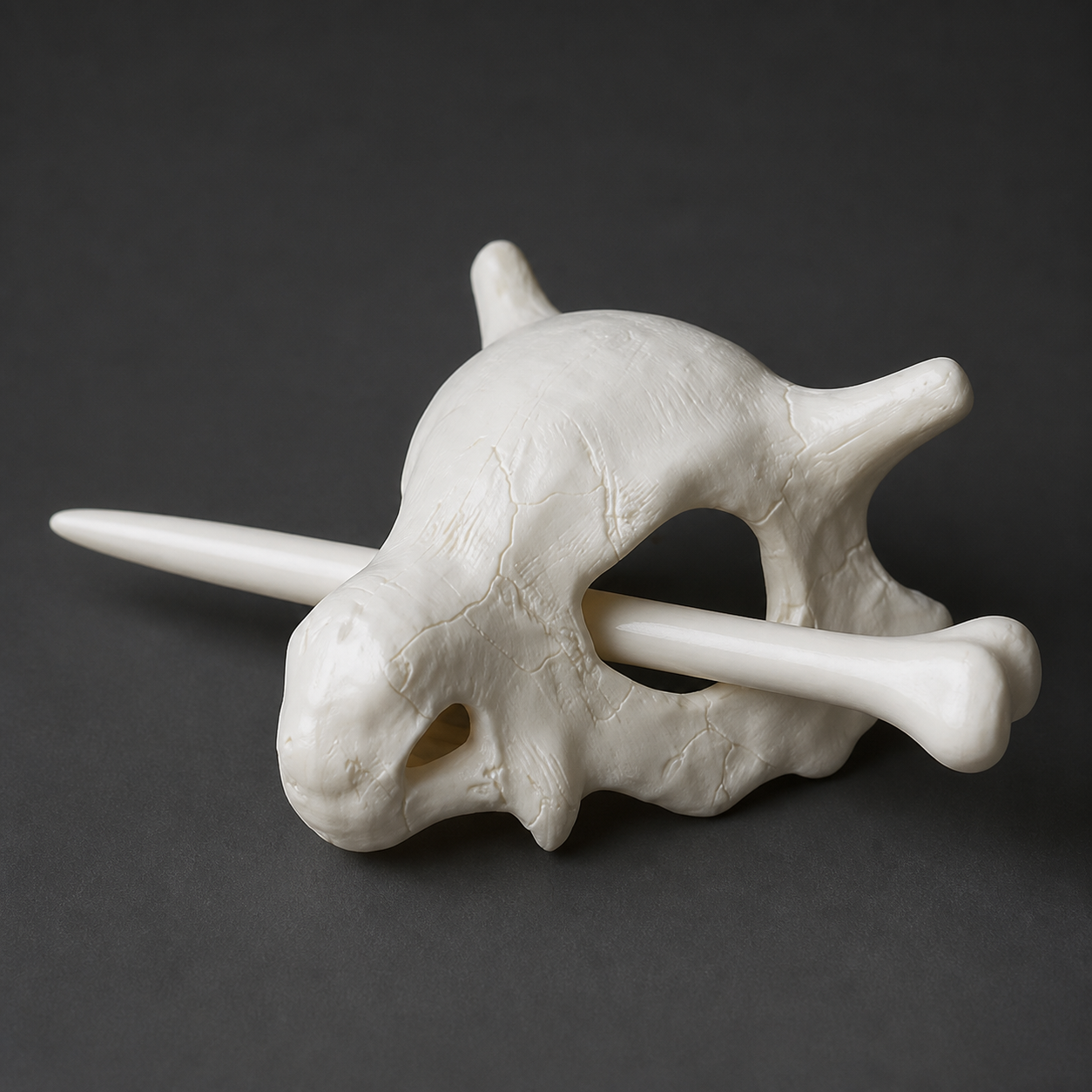 Close view of the assembled ivory skull and bone hair pin