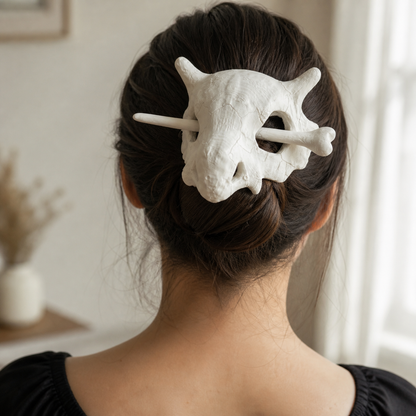 Ivory skull and bone hair pin securing a dark hair bun
