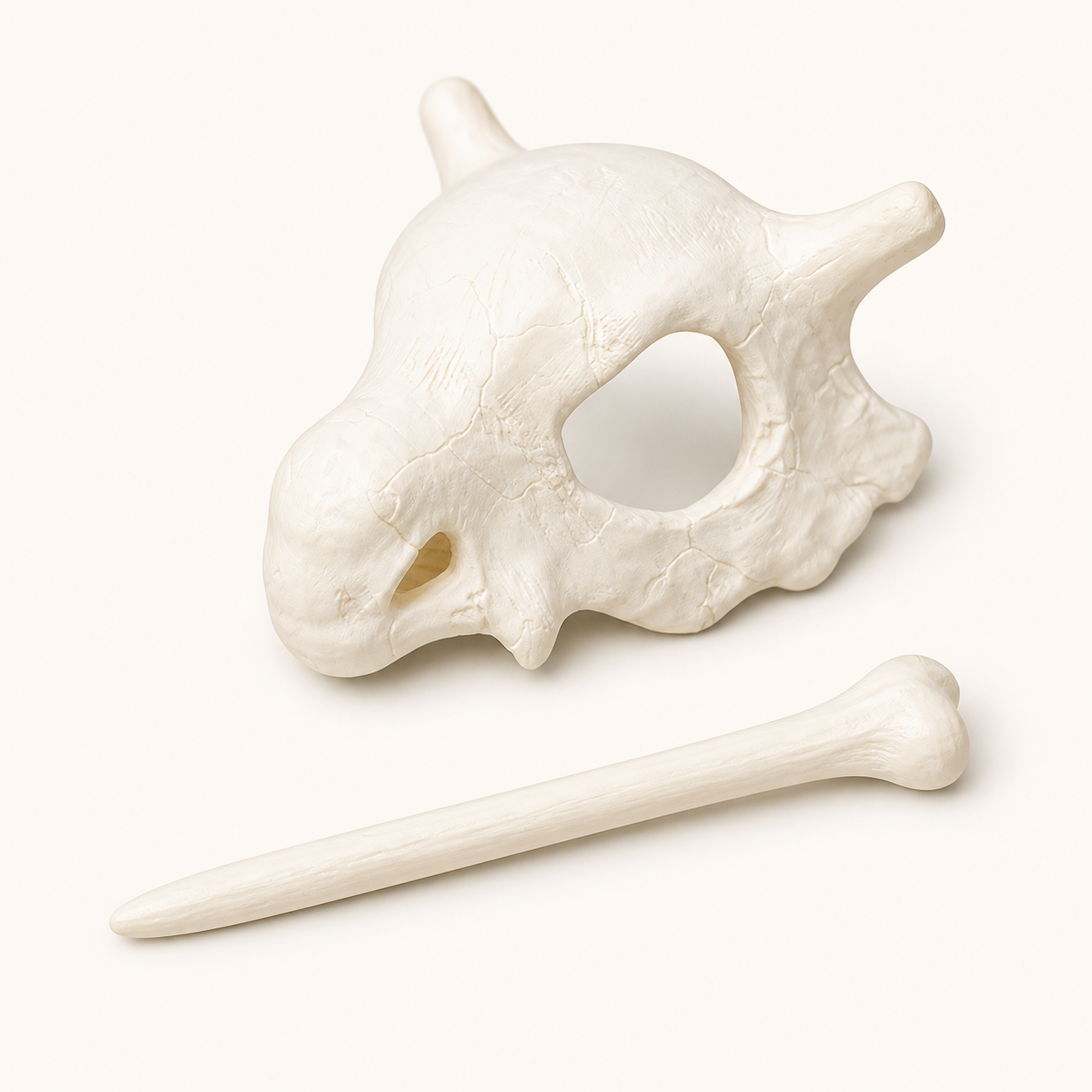 Ivory skull and bone hair pin shown as two separate components