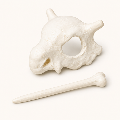 Ivory skull and bone hair pin shown as two separate components