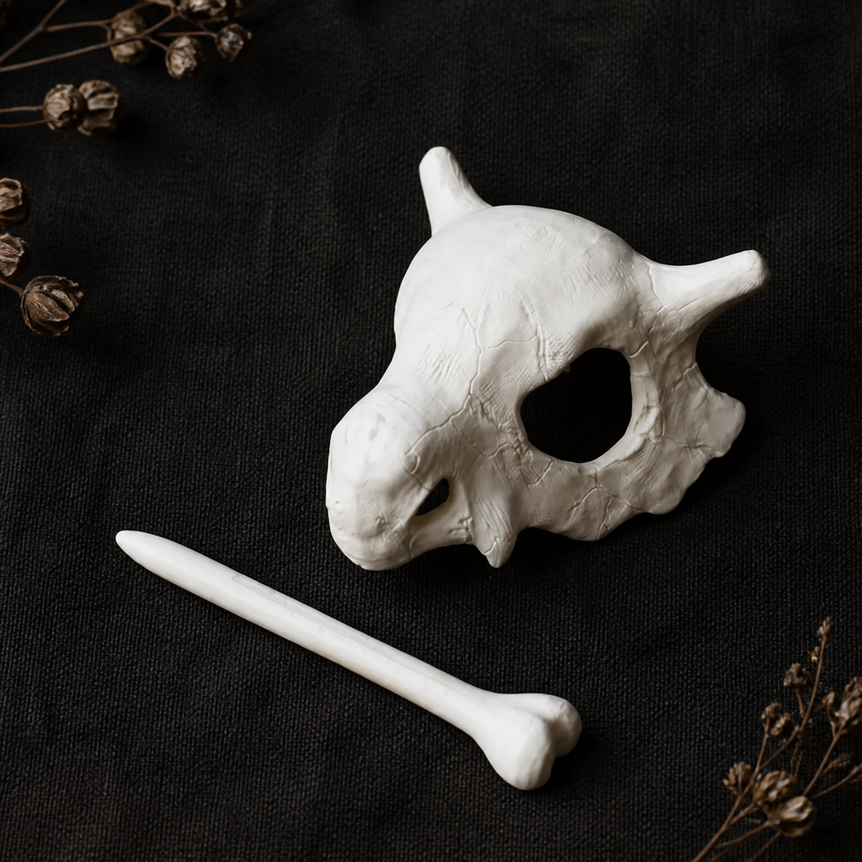 Ivory skull and bone hair accessory on a dark styled background
