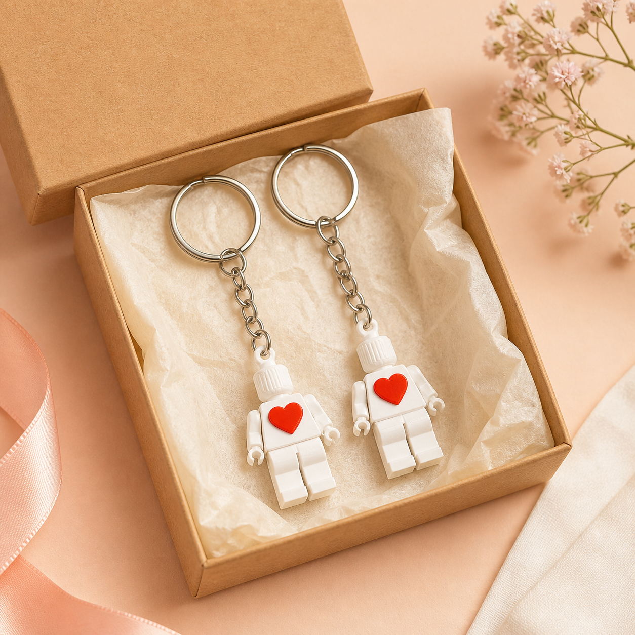 Matching couple keychain gift set presented in a box