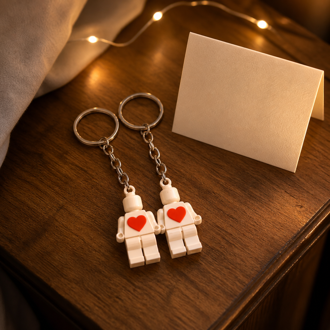 Matching heart couple keychains displayed in a warm gifting setting