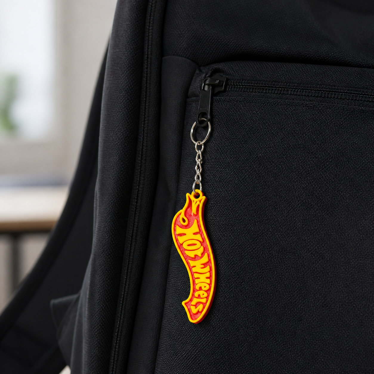 Red and yellow racing flame keychain attached to a black backpack