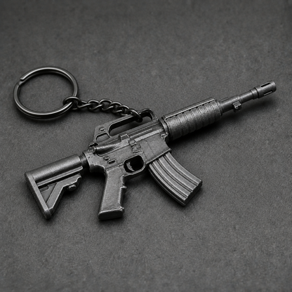 Close-up view of black tactical rifle miniature keychain details