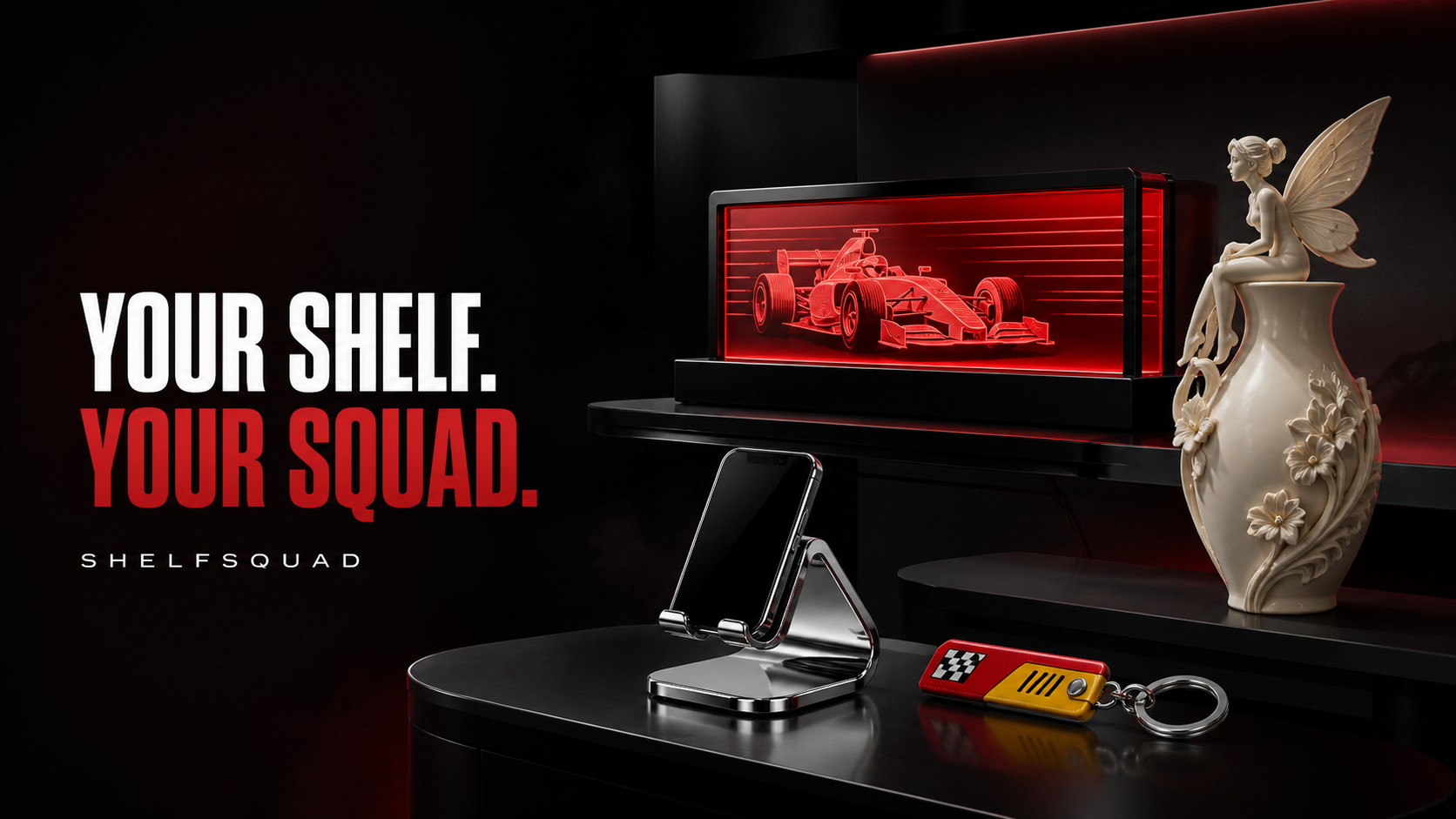 ShelfSquad collectibles on premium display shelves